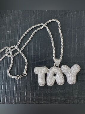 TAY Bubble Letter Pendant Necklace in Silver Tone